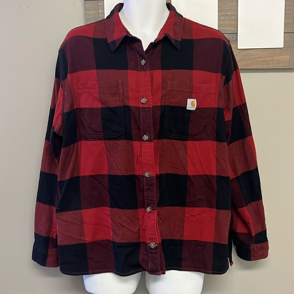 Carhartt Red Black Checkered Rugged Flex Loose Fit Button Down Flannel Shirt- 2X